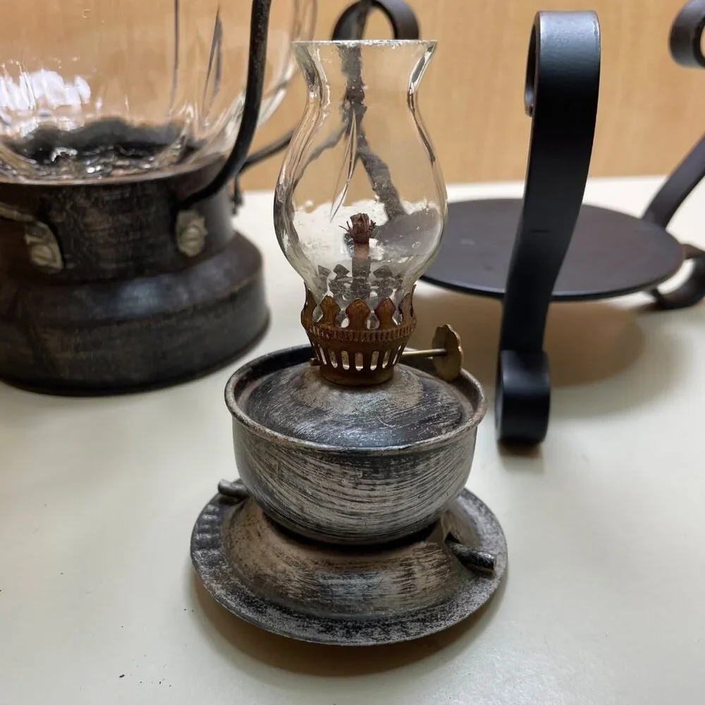 Rare Antique-Style 3 Piece Black Metal & Glass Lantern With Decorative Stand and